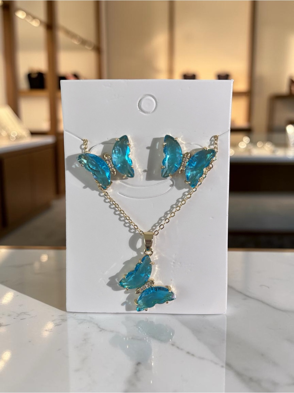 Blue Butterfly Crystal Necklace and Earring Set